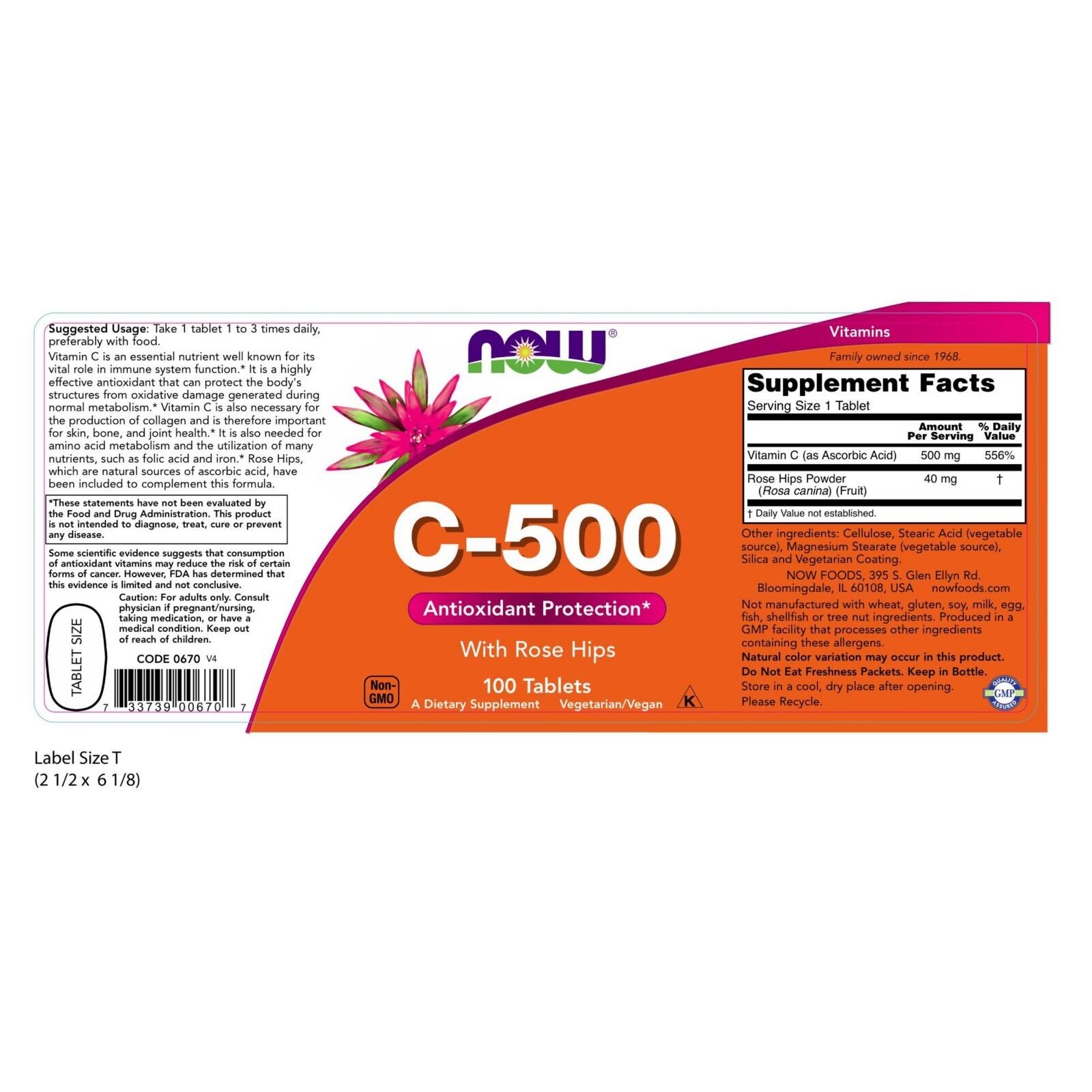 NOW Foods Vitamin C-500, 100 Tablets 24Hr Smart